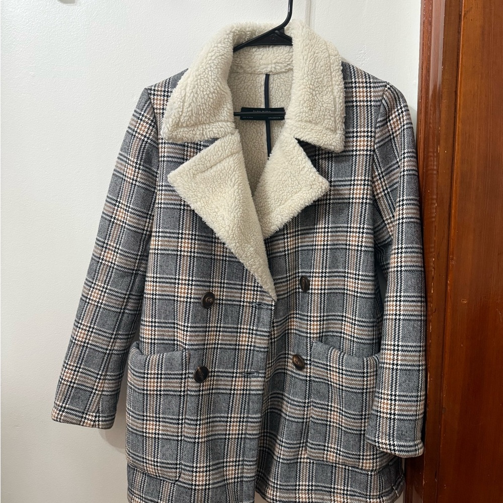 Zara Basic Plaid and Cream Sherpa Coat